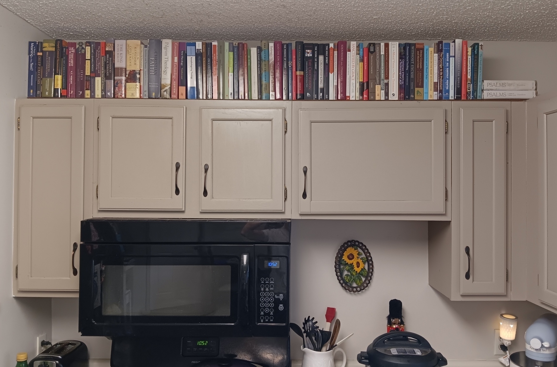 Books lined above the microwave in the kitchen.