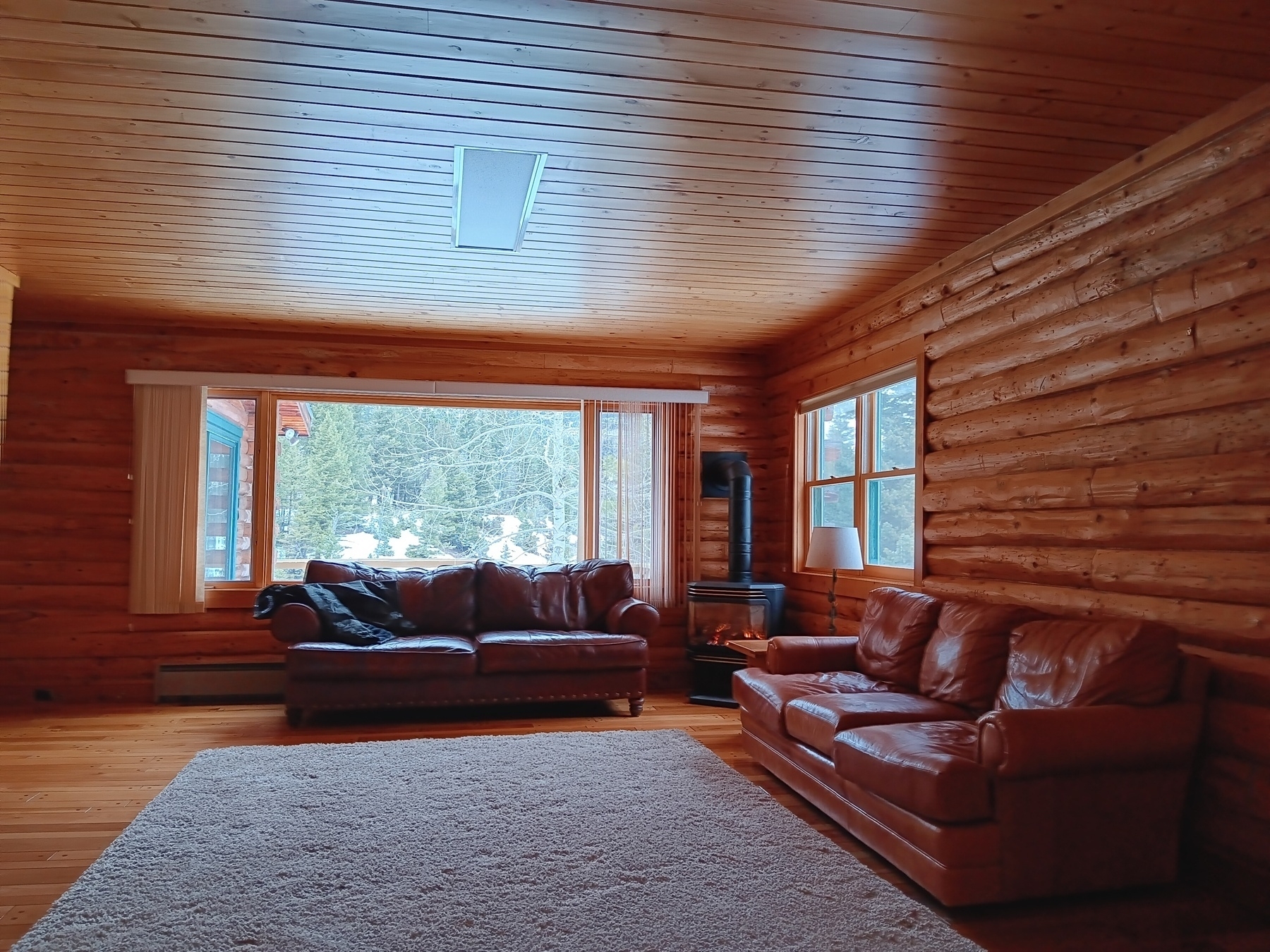 Couches and fire inside Montana cabin